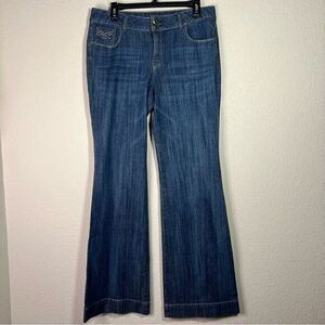 Cache Womens Flared Jeans Mid Rise Medium Wash Denim Stretch Pocket Blue Size 10